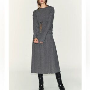 Zara - Soft Knit Gray Long Dress with Sash